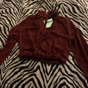 Missguided choker neck wrap burgundy crop top